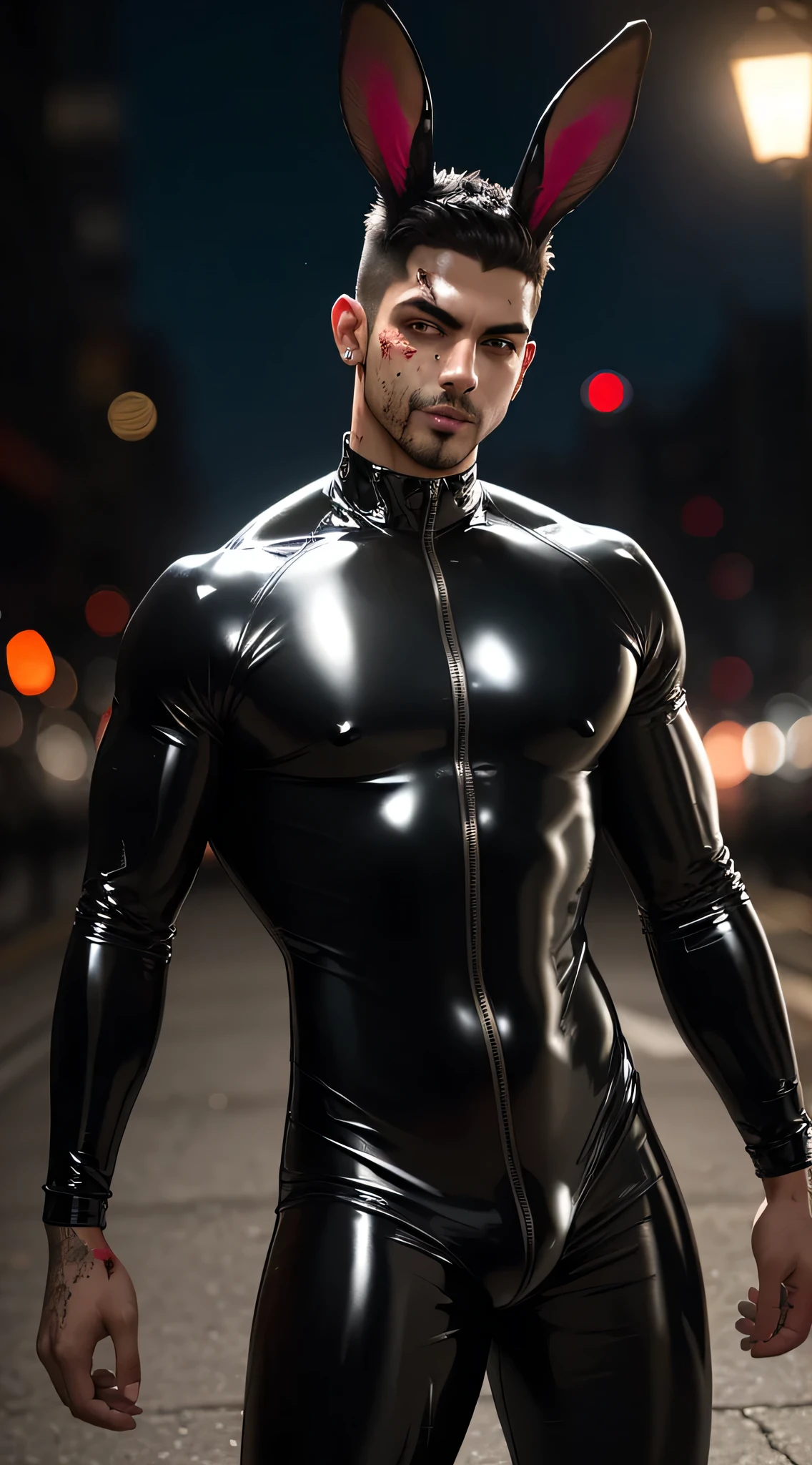 Arafed man in a latex suit with bunny ears and a hood - SeaArt AI