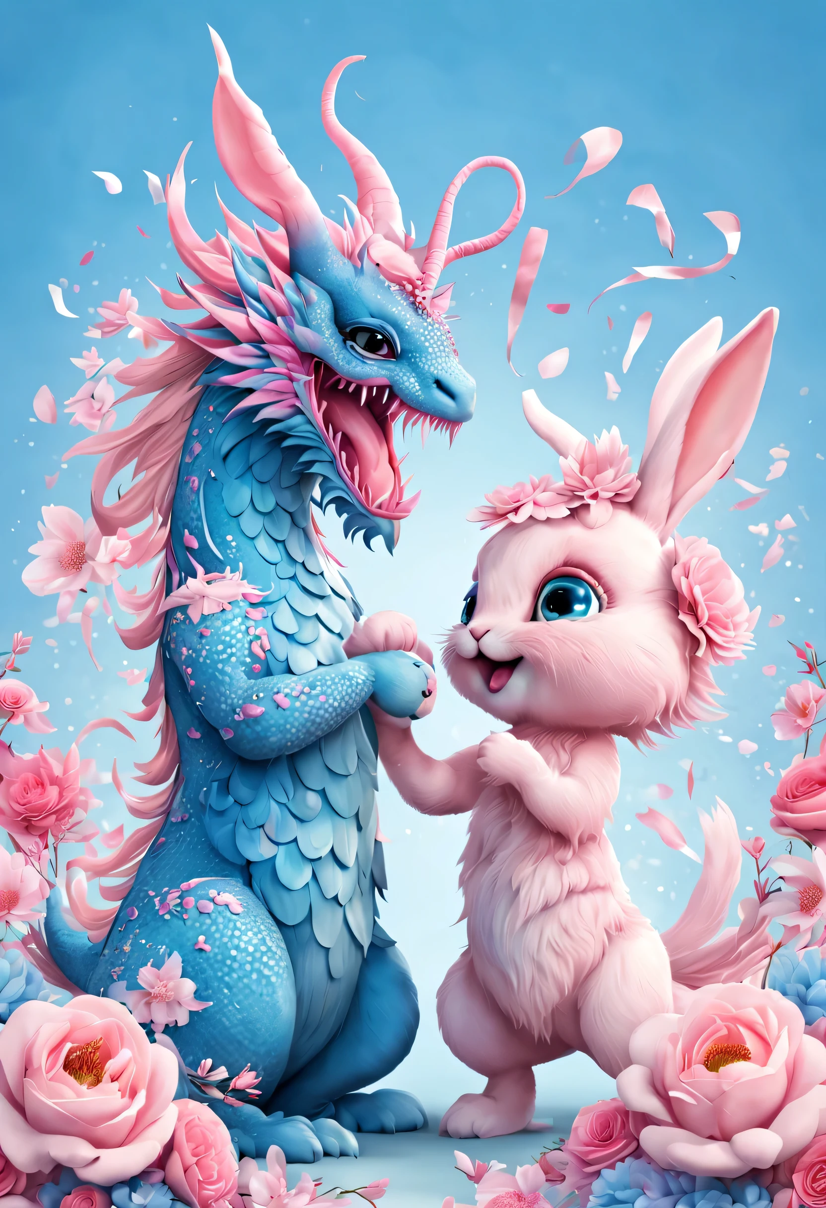 （2024 new year poster design），Pink and blue as main colors， (Cute playful blue zodiac dragon and crying pink parting），Long eyelashes，a happy new year，（2024：1.1）， a happy new year，fresh flowers，