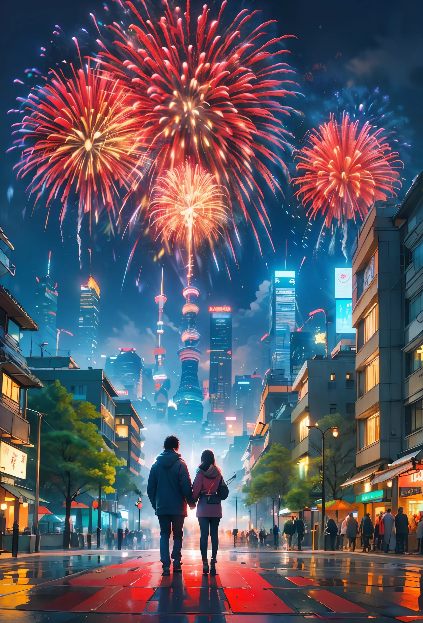 (tmasterpiece),（ultra - detailed:1.3），Best quality at best，（Sparkling fireworks:1.2），（new year，concert celebration:1.4），(at winter season，Male and female couple wearing down jackets: 1.6), gorgeous color，crowd of，As estrelas，(riverbank)，(city night scene，skyscrapper:1.8), The world of dreams, Lovely design style, Grand celebration，brilliant colorful，Happy mood，Fireworks explosionestive atmosphere，permanent memory，Vibrant colors、The color is just right，1.Realism increased by 4 times，hyper HD，Everything is displayed in this beautiful scene，（The content is very detailed，Reasonable design，Clear lines，High- sharpness，tmasterpiece，offcial art，movie light effect，8K）