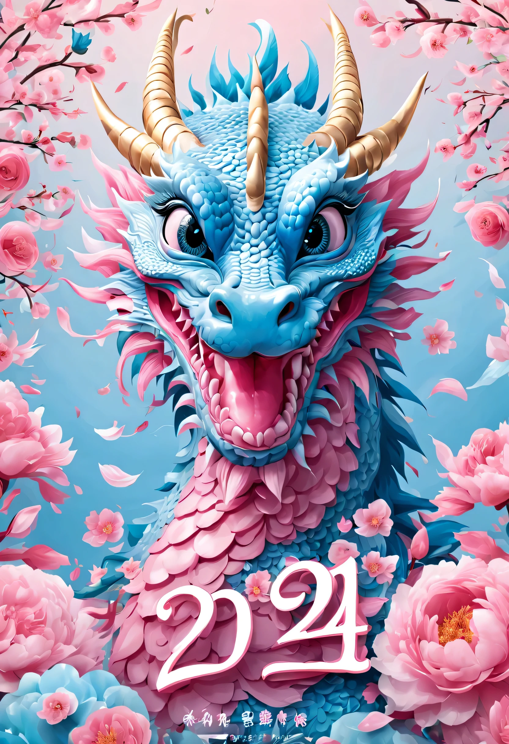 （2024 new year poster design），Pink and blue as main colors， (Cute playful blue zodiac dragon and crying pink parting），Long eyelashes，a happy new year，（2024：1.1）， a happy new year，fresh flowers，