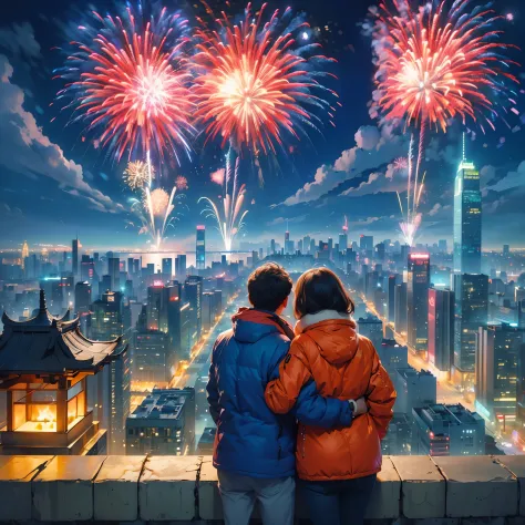 at winter season，((1 couple，hugs，Watching the fireworks in the sky))，(new year)，(concert)，(square)，(crowd of), (skyscrapper，City...