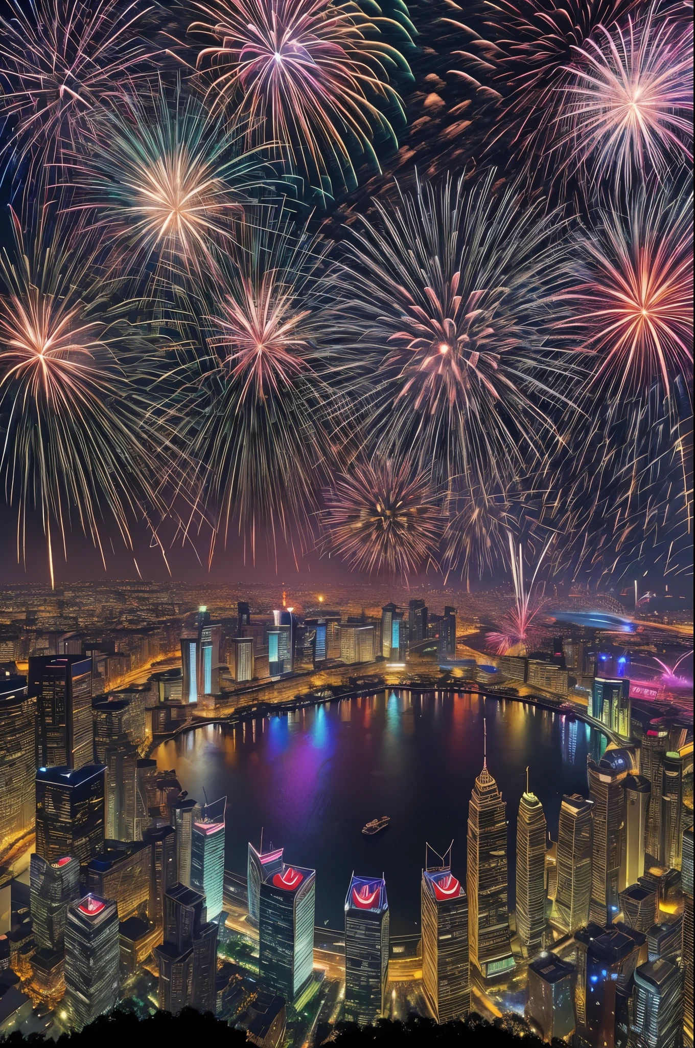 (tmasterpiece),（ultra - detailed：1.3），Best quality at best，（Sparkling fireworks:1.2），（new year，concert celebration:1.4），(at winter season，Man and woman wearing couple down jackets: 1.5), gorgeous color，crowd of，As estrelas，(riverbank)，(city night scene，skyscrapper:1.8), The world of dreams, Lovely design style, Grand celebration，brilliant colorful，Happy mood，Fireworks explosionestive atmosphere，permanent memory，Vibrant colors、The color is just right，1.Realism increased by 4 times，hyper HD，Everything is displayed in this beautiful scene，（The content is very detailed，Reasonable design，Clear lines，High- sharpness，tmasterpiece，offcial art，movie light effect，8K）