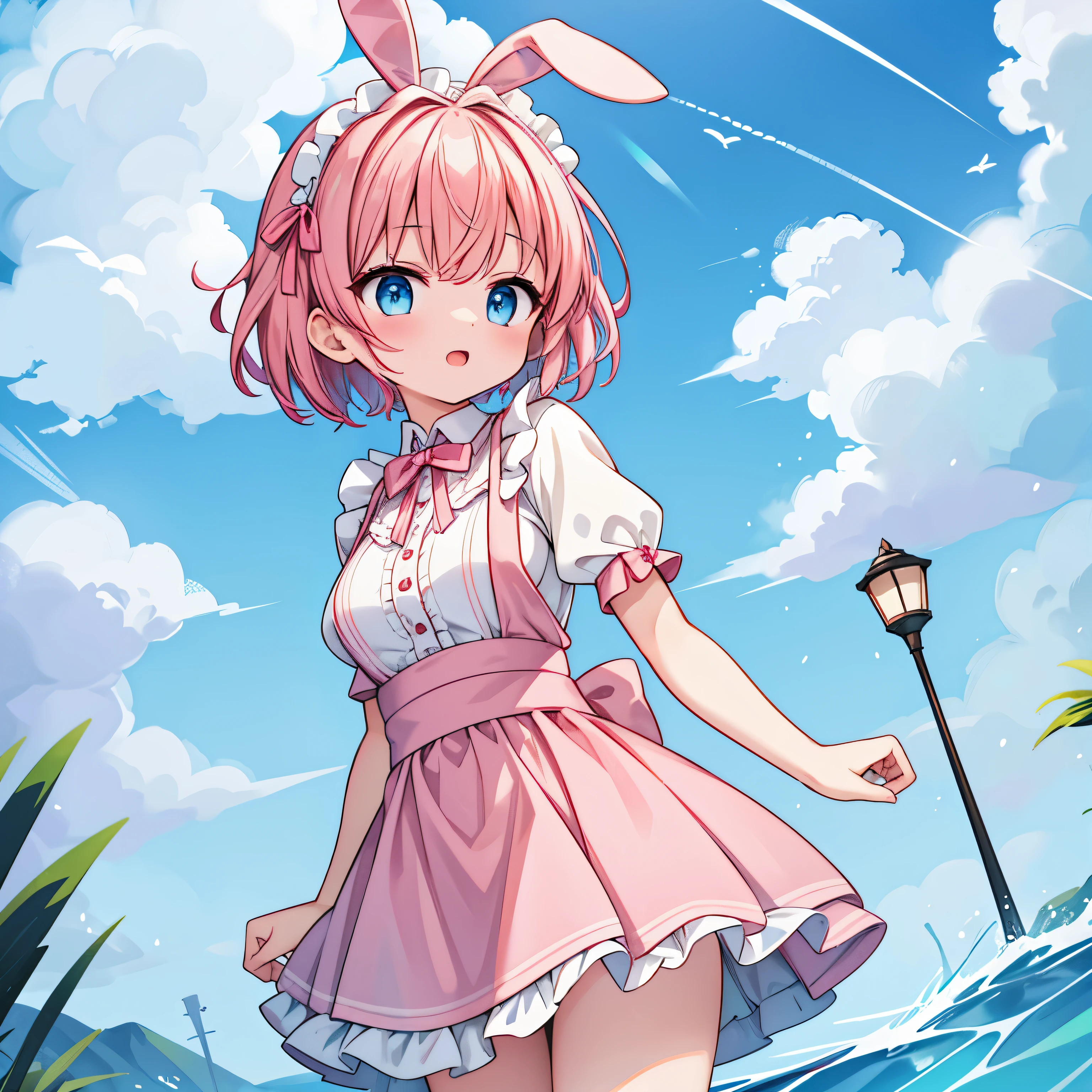 Anime girl in a pink dress standing in the water - SeaArt AI