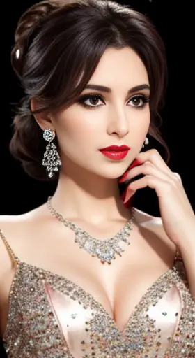 Lebanese lady, diamond dangling earrings, necklace, bracelets, small breasts, 40 years old, smokey eyes, cleavages, red lips, in...