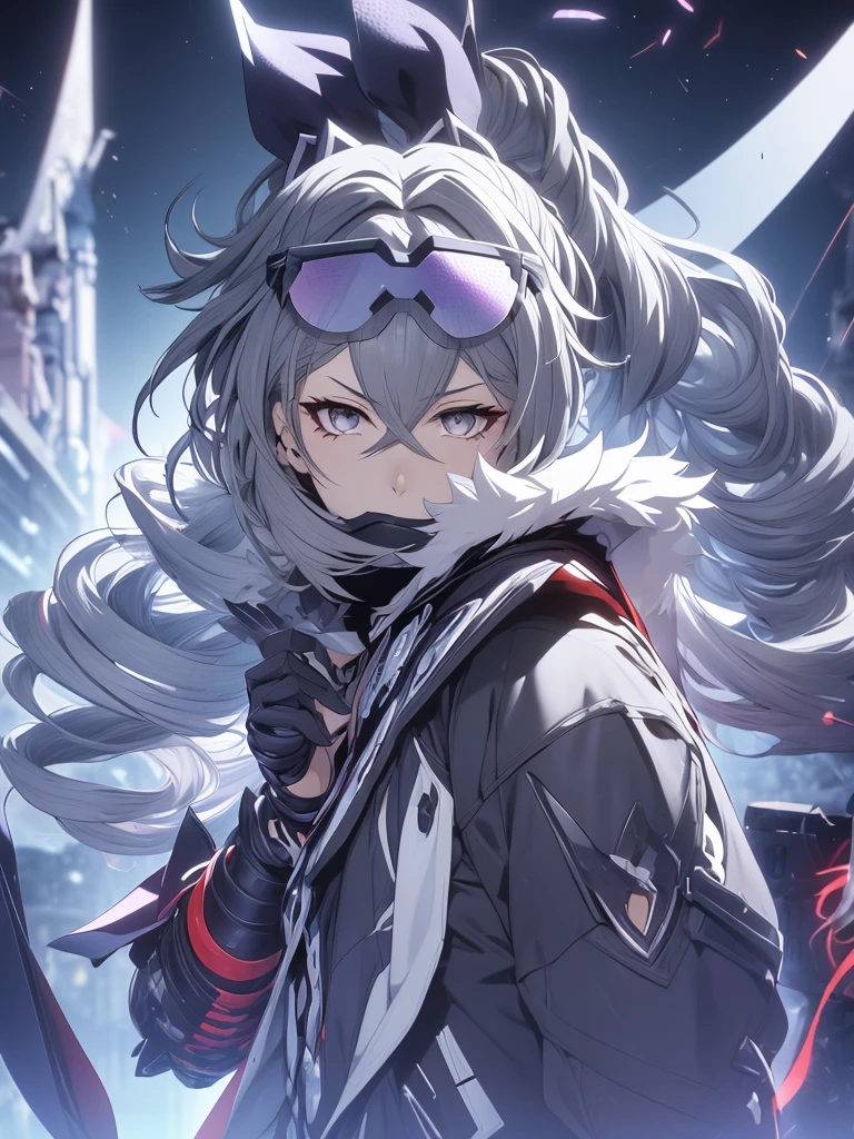 sliver wolf /(honkai:star rail/), grey hair(drill ponytail), fur trim jacket, sunglasses (piercing gaze)(cold expression), beautiful face, beautiful eyes, ultra hd, high resolution, best quality, 8k, top quality, Anime character, game character, girls, video game, silver wolf, honkaistarrail