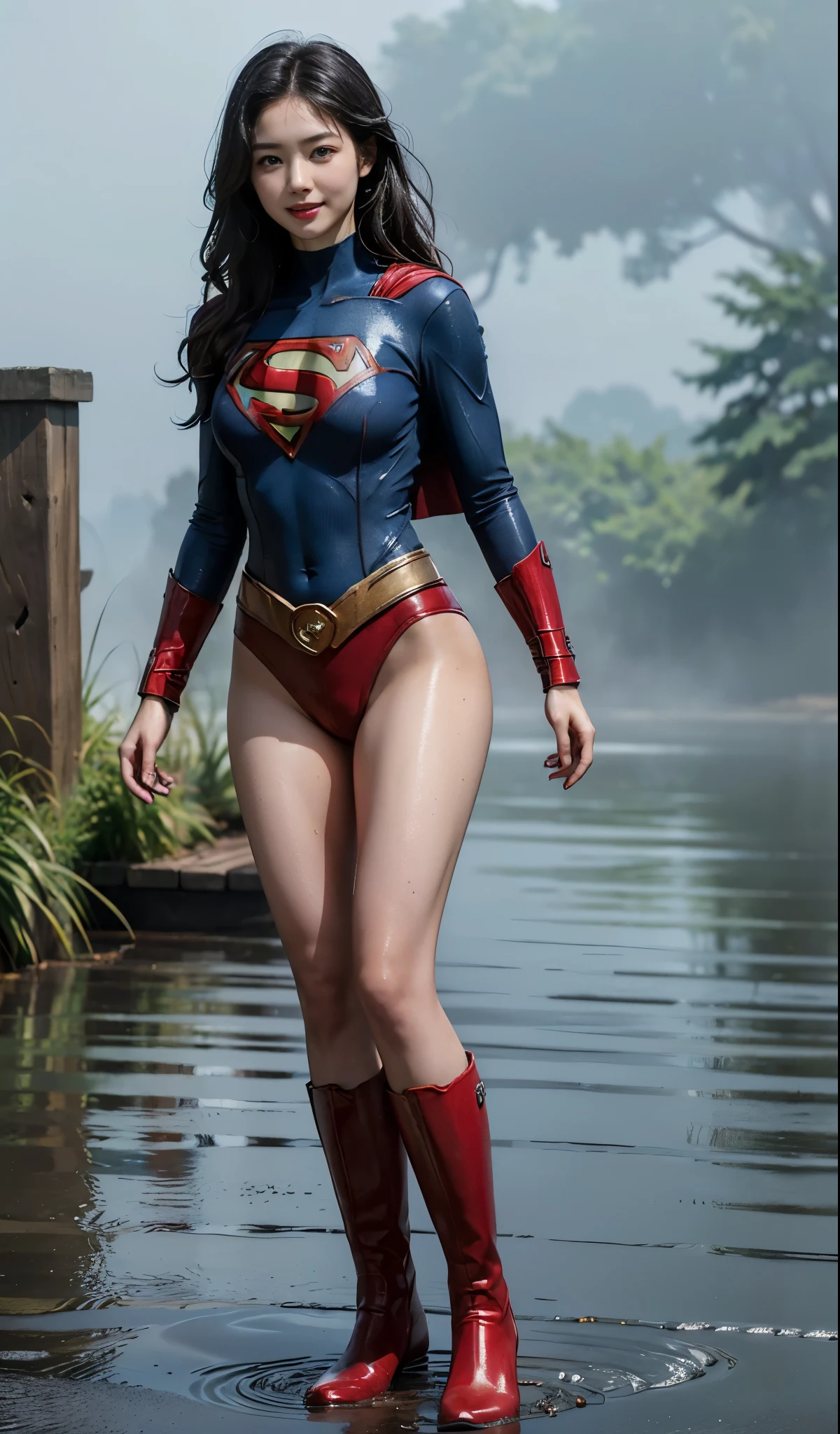 (((Wear black tights on your beautiful legs.)))、(((Grow legs、tall、Legally express the beauty of your smile)))、((((Make the most of the original image)))、(((Supergirl Costume)))、(((beautiful hairl)))、(((Suffering)))、(((Feet must necessarily be worn with black tights)))、(((You need to wear red boots)))、((Top image quality、8K))、((top-quality、8K、​masterpiece:1.3))、(((Keep Background )))、Crisp focus:1.2、Beautiful woman with perfect body shape:1.4、Slender Abs:1.2、a wet body:1.5、Highly detailed facial and skin texture、8K