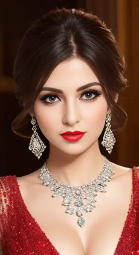 lebanese lady, diamond dangling earrings, necklace, bracelets, small breasts, 40 years old, smokey eyes, cleavages, red lips, in...