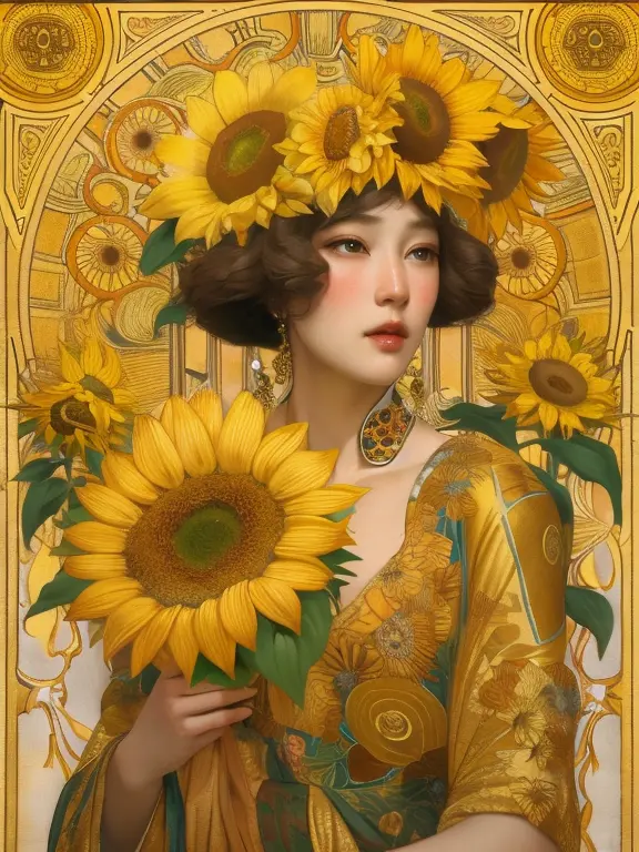 painting of a woman holding a bouquet of sunflowers in front of a golden background, hyperrealistic art nouveau, chie yoshii, an...