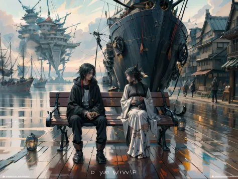 Anime characters sitting on benches by the sea, guweiz on pixiv artstation, guweiz on artstation pixiv, Guweiz style artwork, Po...