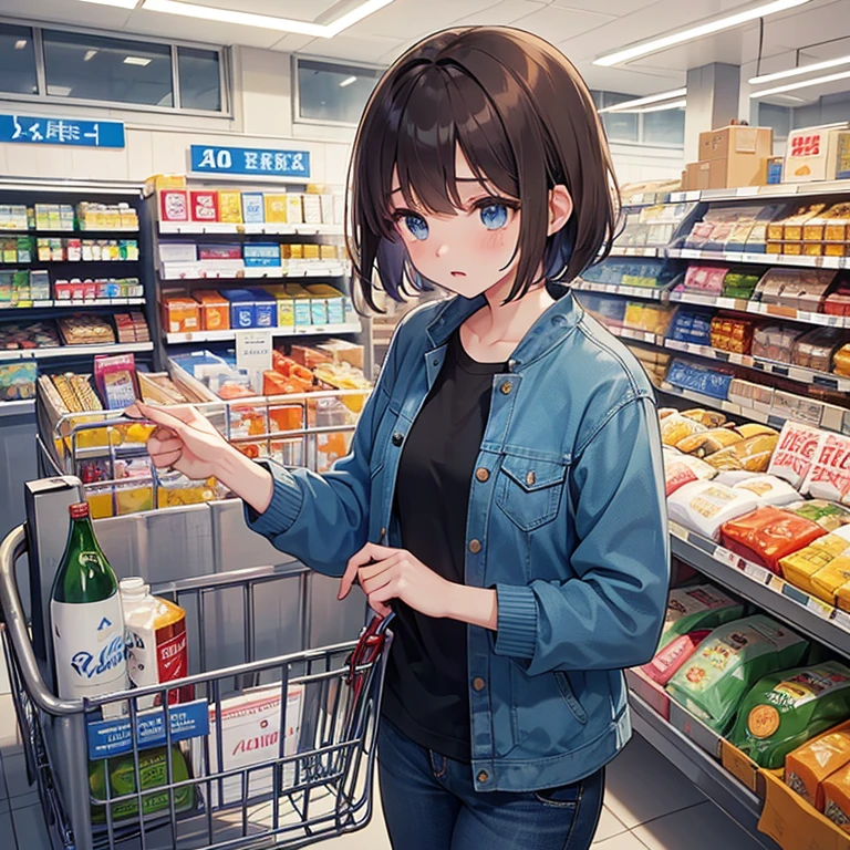 1girl, solo, super fine illustration, an extremely delicate and beautiful, best quality, short hair, brown hair, blue eyes, looking down, sad, , casual, blue jacket, white shirt, jeans, supermarket, cashier, shopping cart, alcohol, bright, shelves, signs, despair, isolation, bust, alcohol bottles in shopping cart.