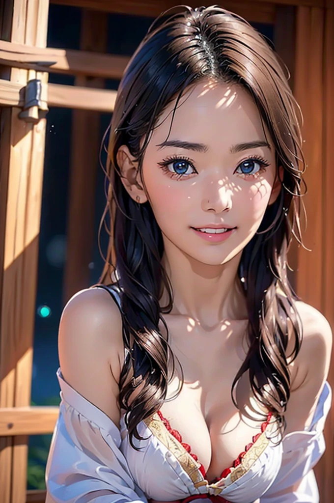 (1.FEMALES, 独奏),8k, ((masutepiece)),(((top-quality))),((Ultra-detailed)),((((Realistic)))), Photorealsitic:1.37, (A hyper-realistic), (illustratio), (hight resolution), (ighly detailed), (The best illustrations), (Ultra-detailed細), (walls), (Detailed face), (Beautiful expression), ((More top-quality skins:1.2)), (ジャパニーズビューティーFEMALES、shrine maiden、25-years old、美しいFEMALES:1.5、cute little:2、spotless、D-cups)、(cloudinesare、tori ready)、(ssmile、slightly red cheeks)、shrines