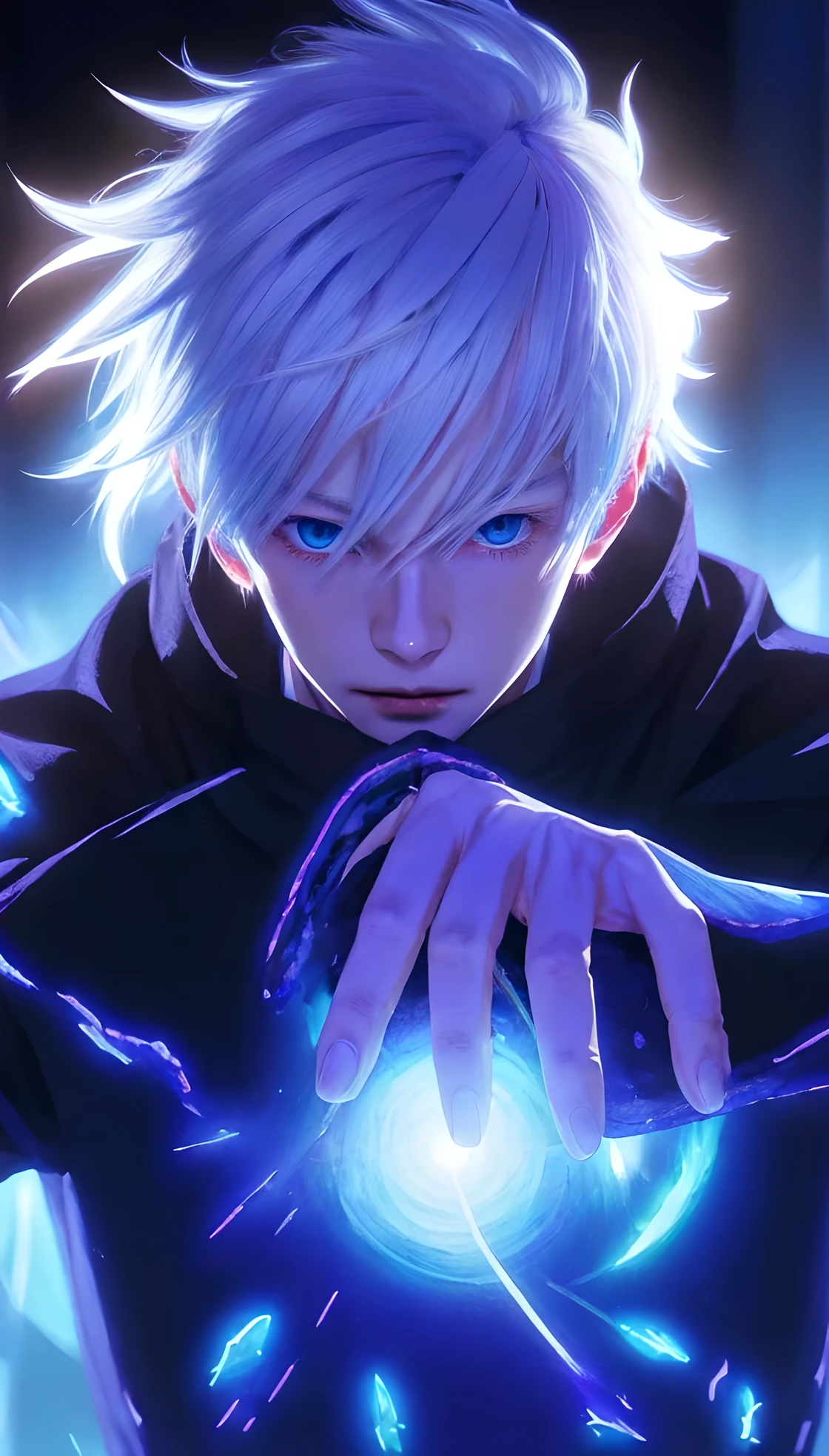 1boy, japanese, 28 years old, white hair, blue eyes, black outfit, (masterpiece:1.2), (illustration), (best quality:1.2), (best aesthetic:1.2), (beautiful art:1.2), (ultra-detailed:1.2), (8k), (HDR), (wallpaper), (sharp focus), (intricate),