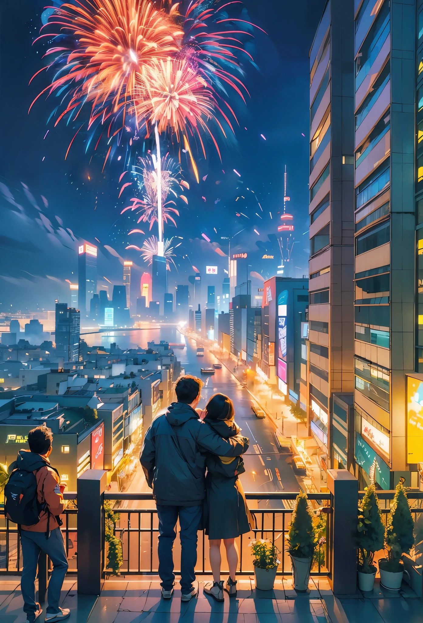 (tmasterpiece),（ultra - detailed:1.3），Best quality at best，（Sparkling fireworks:1.2），（new year，concert celebration:1.4），(at winter season，Male and female couple wearing down jackets: 1.6), gorgeous color，crowd of，As estrelas，(riverbank)，(city night scene，skyscrapper:1.8), The world of dreams, Lovely design style, Grand celebration，brilliant colorful，Happy mood，Fireworks explosionestive atmosphere，permanent memory，Vibrant colors、The color is just right，1.Realism increased by 4 times，hyper HD，Everything is displayed in this beautiful scene，（The content is very detailed，Reasonable design，Clear lines，High- sharpness，tmasterpiece，offcial art，movie light effect，8K）