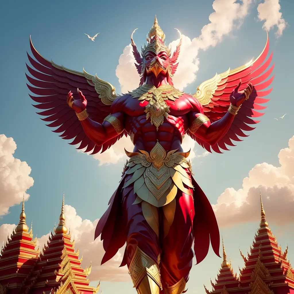 garuda head, human form garuda-headed human figure, red eyes, muscular body. best physique: red skin, red body hair. huge wings ...