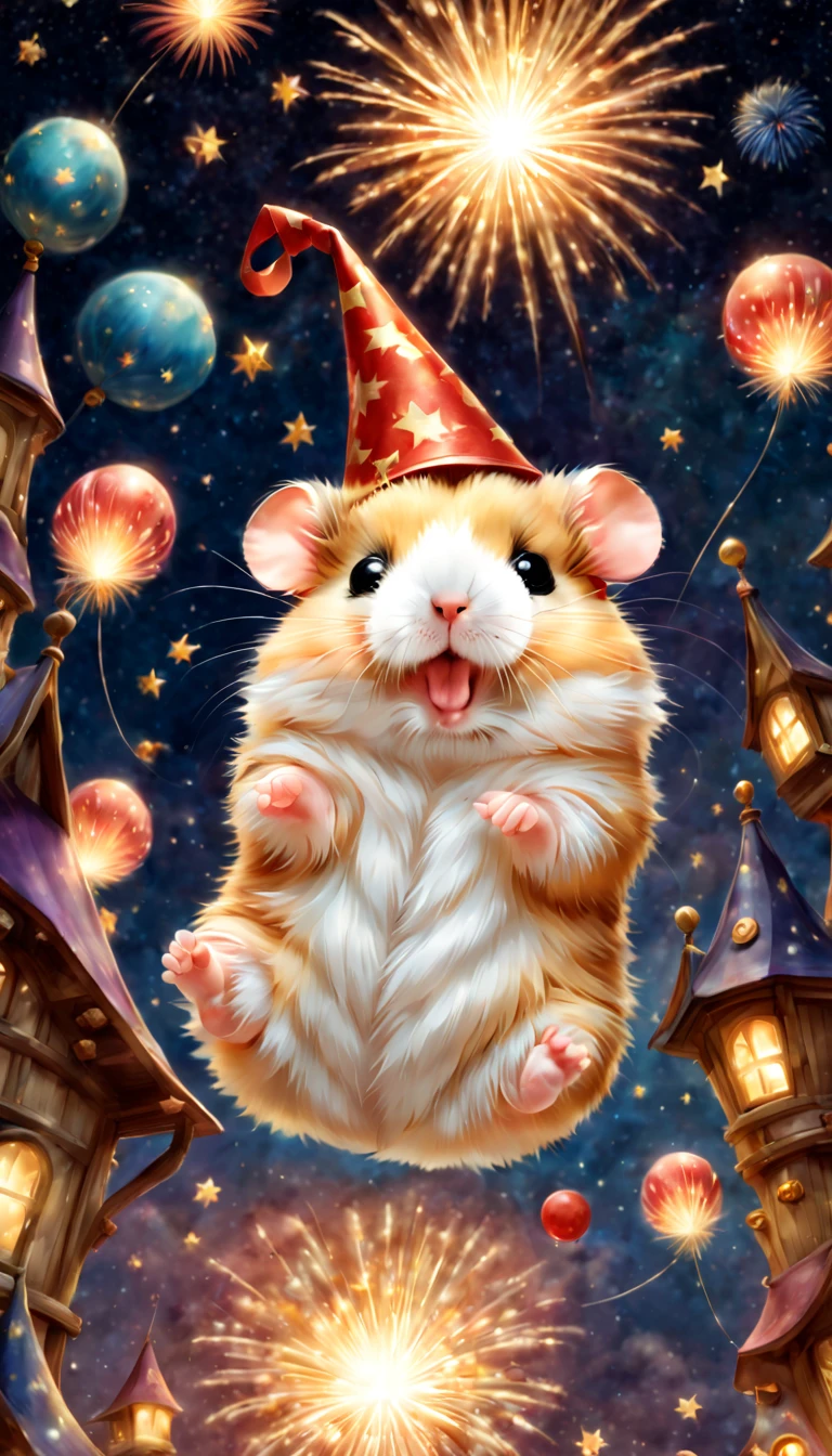 magic hamster party,((Hamster Wizard:great joy:pulling the hands up:Opening Mouth:Dynamic Pose:Wizard Hat)),magic wands,Use of magic,Wizard costume details:colourfull:draw a pattern with gold and silver,celebration,((Lots of fireworks in the night sky:colourfull)),,,Castle balcony,Lots of stars,kirakira,Beautiful light effect,,​masterpiece,top-quality,Fluffy hamsters,Chibi,cute little,A delightful,Happiness,,magical lights,,Fantastical,night sky details,Anatomically correct,All the best,,little hamster,最高にcute littleハムスター，Fantasia,randolph caldecott style,illustratio,watercolor paiting