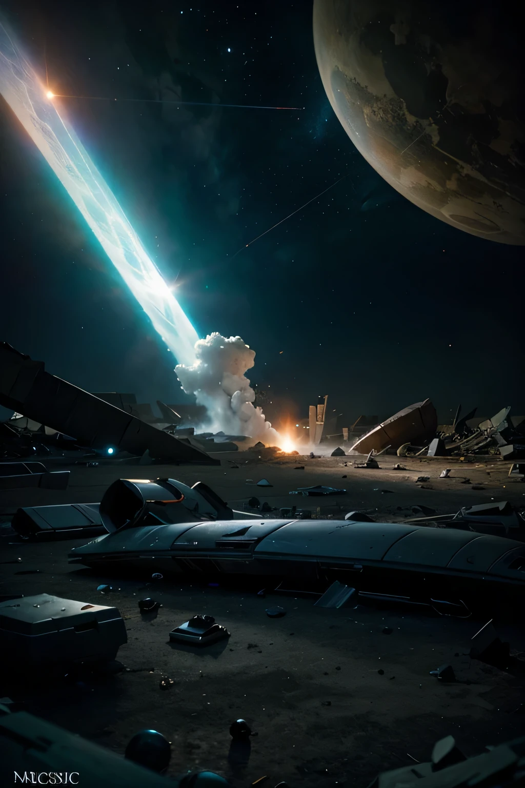 Game scene concept, in a cosmos space graveyard, the wreckage of a large spaceship