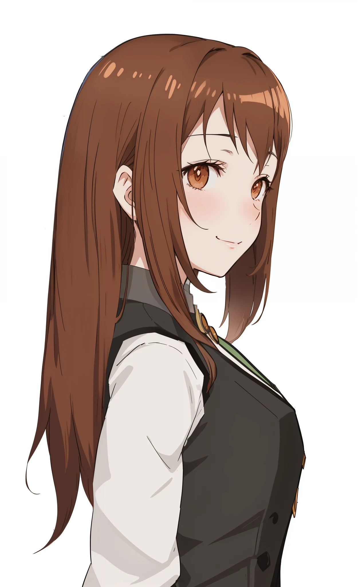 A woman with long brown hair and a black vest - SeaArt AI