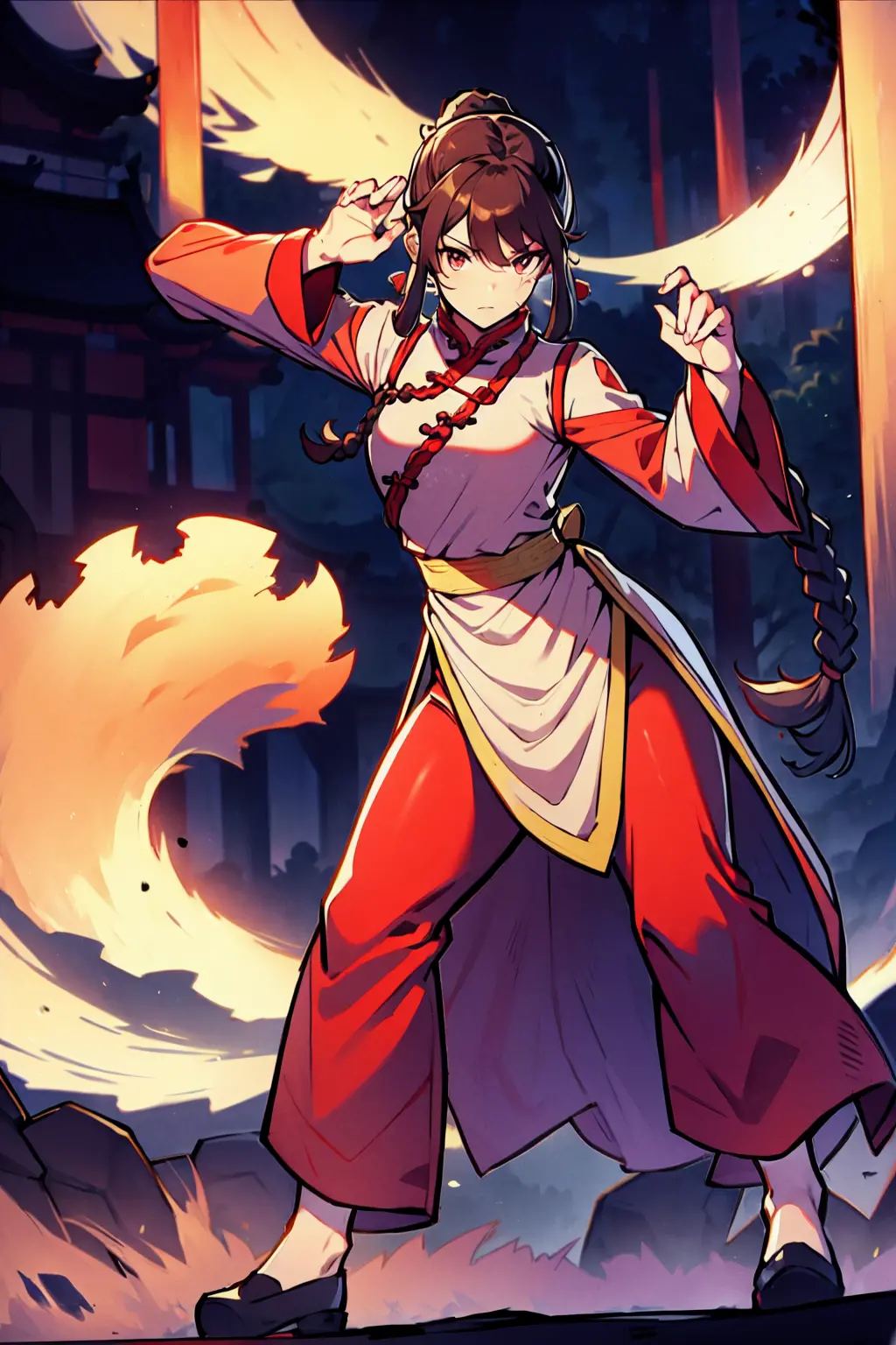 lei kugo live a live, qipao, chinese clothes, traditional clothes, action pose, full body, brown hair, braided hair, scars on fa...