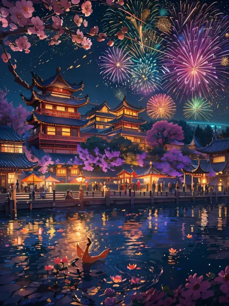 at winter season，new year，(couple:1.1)，city night scene，(buildings:1.3)，(lamplight辉煌)，lamplight，starry sky river，gorgeous color，...