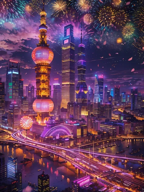 at winter season，new year，(couple:1.2)，city night scene，(Buildings:1.3)，(Brilliantly lit)，lamplight，starry sky river，gorgeous co...