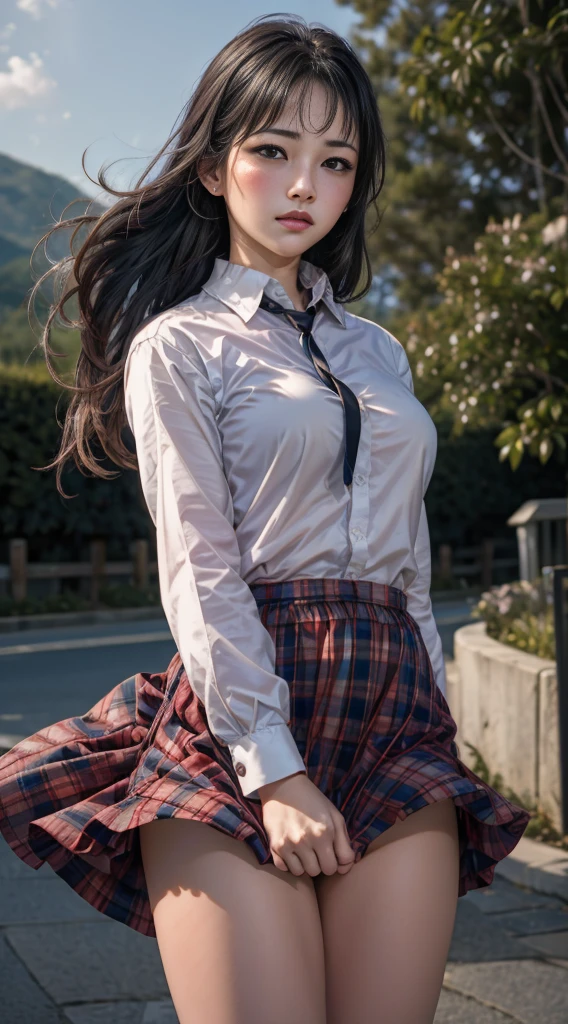 1girl as yukino yukinoshita ,black hair,Red ribbons ,((Impatient expression)),Beautiful breasts,White shirt,pleated skirt ,well-styled, (Facing the front)(((Blushing cheeks、embarassed expression)),(((The skirt is rolled up by the wind)))