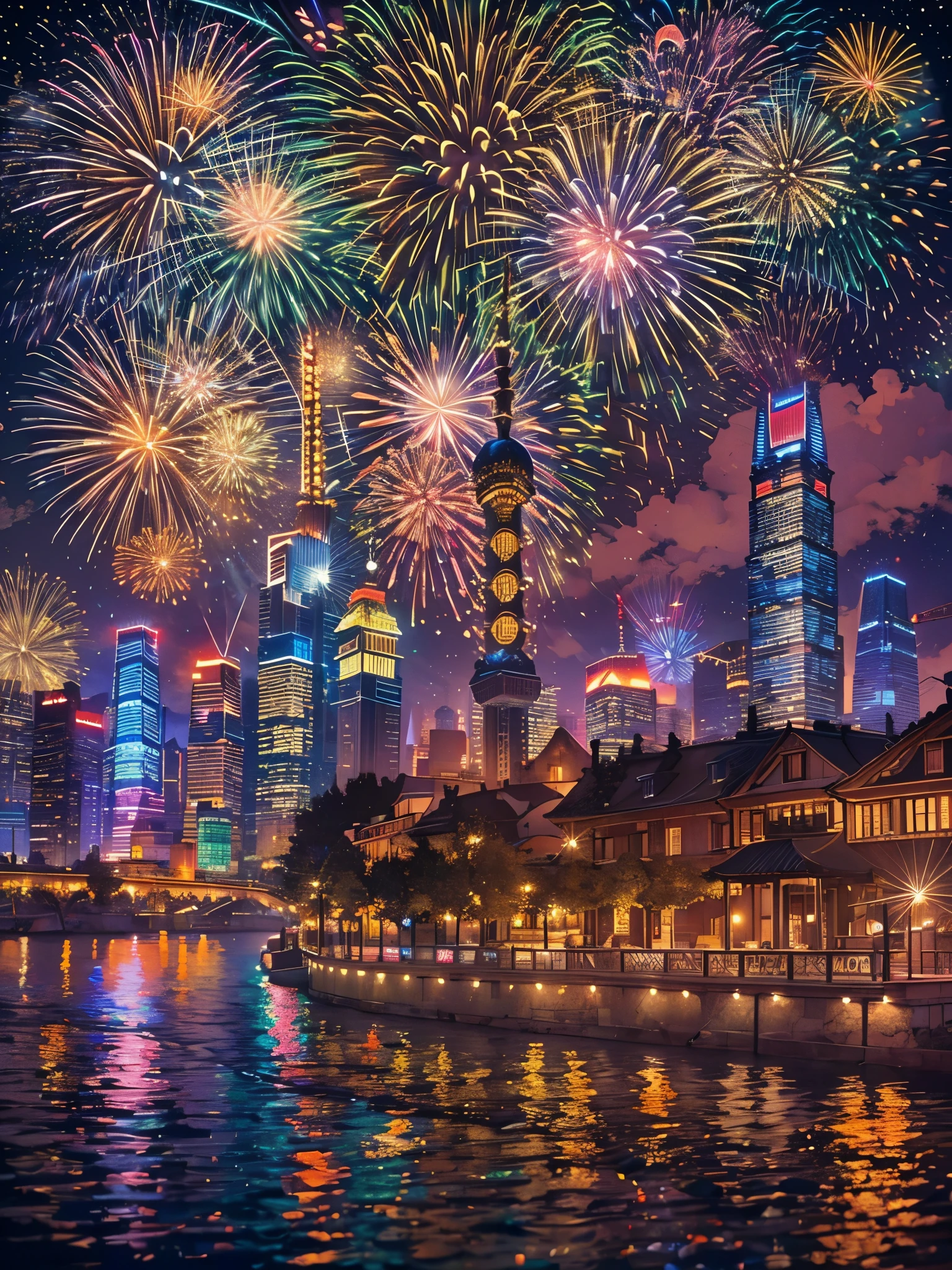 (tmasterpiece),（ultra - detailed：1.3），Best quality at best，（Sparkling fireworks:1.2），（new year，concert celebration:1.4），(at winter season，Man and woman wearing couple down jackets: 1.5), gorgeous color，crowd of，As estrelas，(riverbank)，(city night scene，skyscrapper:1.8), The world of dreams, Lovely design style, Grand celebration，brilliant colorful，Happy mood，Fireworks explosionestive atmosphere，permanent memory，Vibrant colors、The color is just right，1.Realism increased by 4 times，hyper HD，Everything is displayed in this beautiful scene，（The content is very detailed，Reasonable design，Clear lines，High- sharpness，tmasterpiece，offcial art，movie light effect，8K）