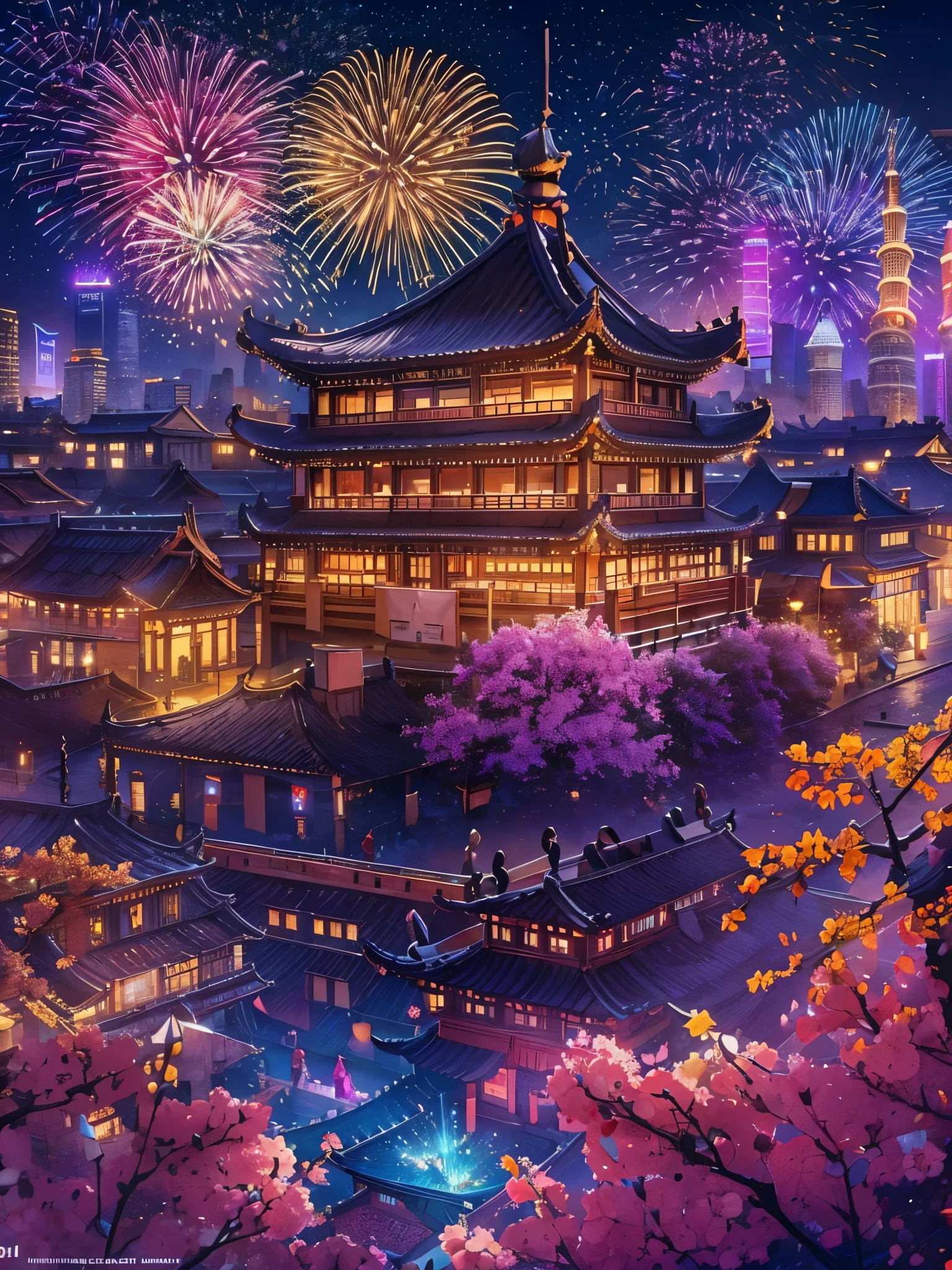 (tmasterpiece),（ultra - detailed：1.3），Best quality at best，（Sparkling fireworks:1.2），（new year，concert celebration:1.4），(at winter season，Man and woman wearing couple down jackets: 1.5), gorgeous color，crowd of，As estrelas，(riverbank)，(city night scene，skyscrapper:1.8), The world of dreams, Lovely design style, Grand celebration，brilliant colorful，Happy mood，Fireworks explosionestive atmosphere，permanent memory，Vibrant colors、The color is just right，1.Realism increased by 4 times，hyper HD，Everything is displayed in this beautiful scene，（The content is very detailed，Reasonable design，Clear lines，High- sharpness，tmasterpiece，offcial art，movie light effect，8K）