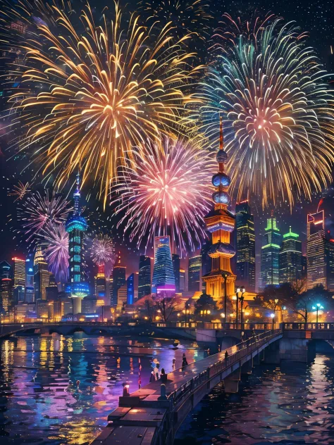 at winter season，new year，(couple:1.2)，city night scene，(Buildings:1.3)，(Brilliantly lit)，lamplight，starry sky river，gorgeous co...