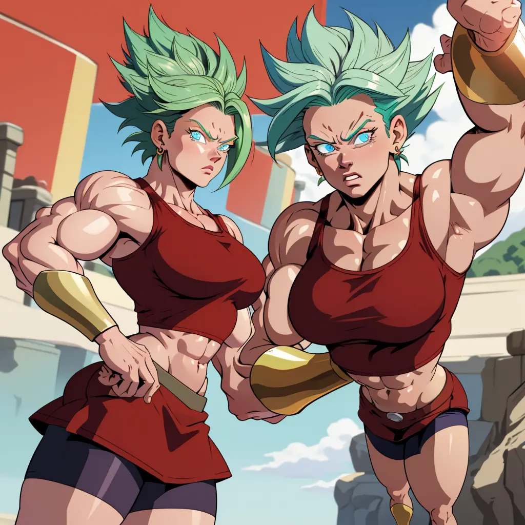 masterpiece, best quality, low angle, berserkKale, green hair, blue eyes, serious expression, muscular female, fighting pose, re...