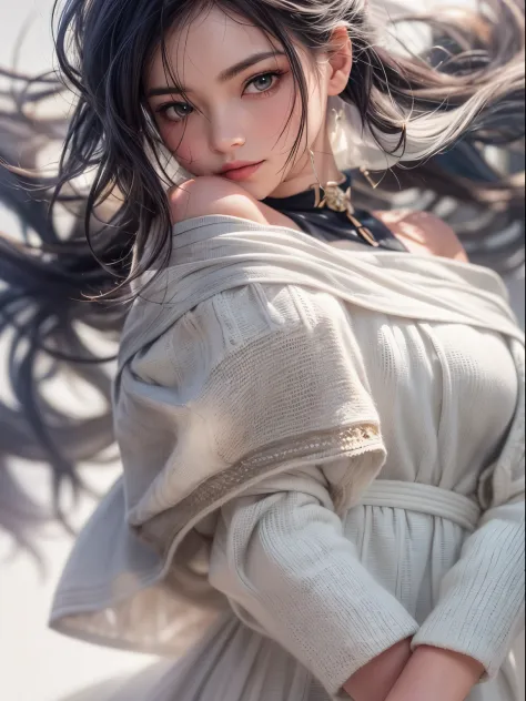 solo, womsn, detaild beautiful face and eyes, off shoulder white shirt and skirt, black hair, long hair, floating hair, shiny ha...