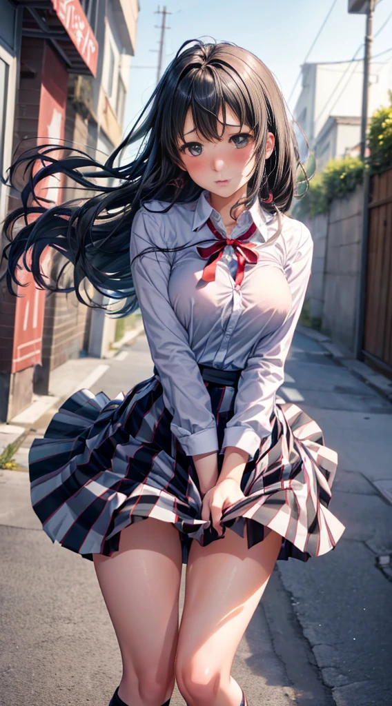 1girl as yukino yukinoshita ,black hair,Red ribbons ,((Impatient expression)),Beautiful breasts,(White shirt:1.2) black knee high socks,pleated skirt ,well-styled, (Facing the front)(((Blushing cheeks、embarassed expression)),(((The skirt is rolled up by the wind)))