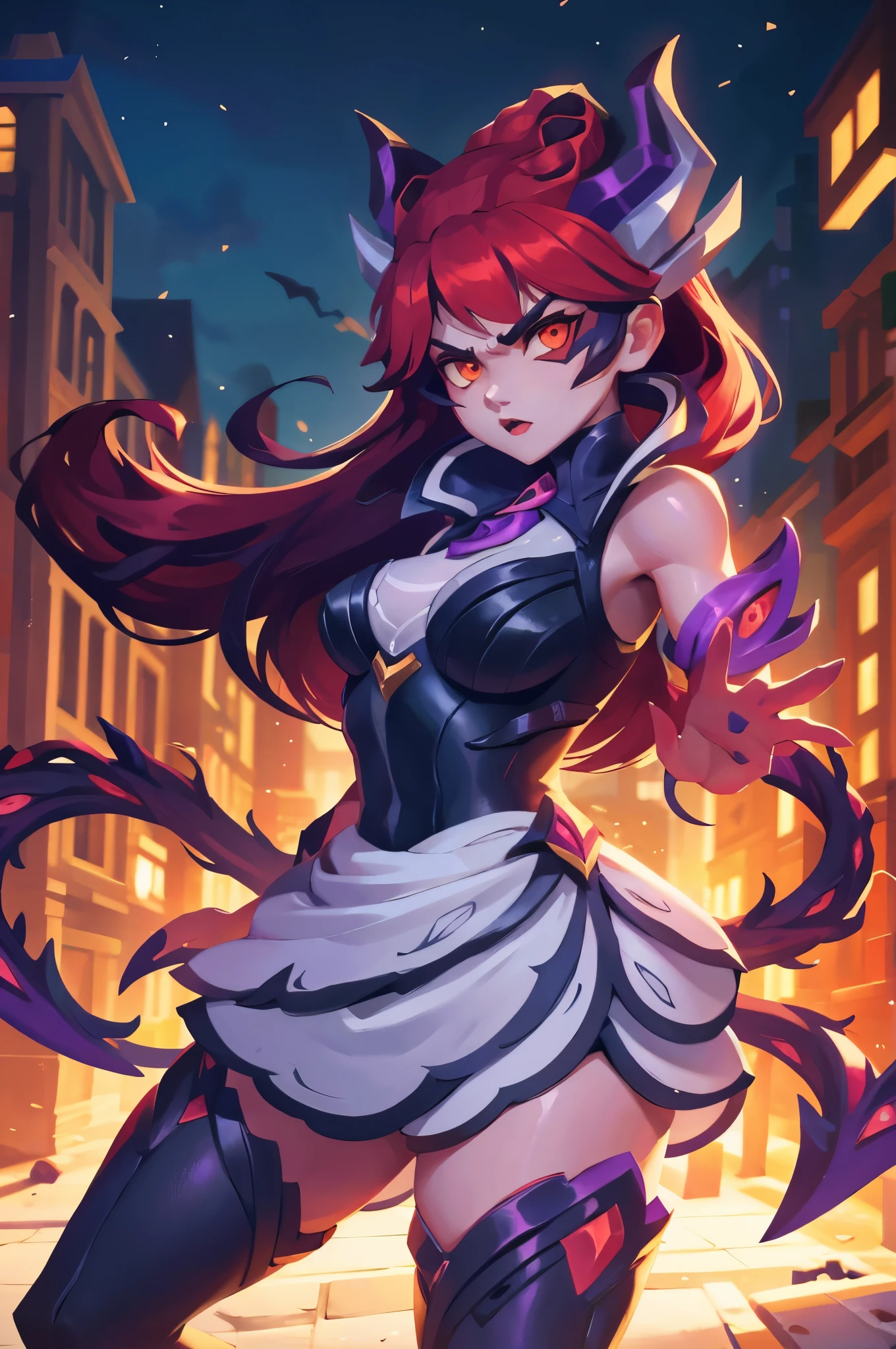 Zyra - Crime City Nightmare - League of Legends en haute définition, 8k, Visage détaillé, serrant sa poitrine, montrant sa poitrine, ((gros seins)), mince et mince, corps de proportion égale dans sa poitrine)), vue aléatoire, quatre doigts et 1 pouce, ((2 manos de cheveux roux, expression faciale aléatoire chez le spectateur, joues rougissantes, cheveux roux