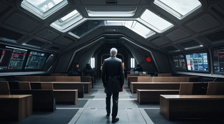 An old male captain (serious, grey beard) in the combat information center of a large futuristic military spaceship, 4k, realistic, highly detailed, militaristic, serious, busy, wide shot, from behind, wide angle, multiple people