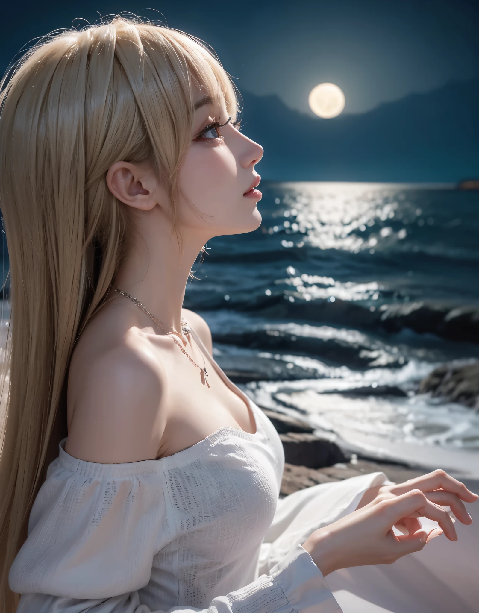 Beautiful eyes and face、An ultra-high picture quality、8K、Smart body、High Style、About 24 years old、Detailed eyes、Detailed skin、Crystal clear white skin、Off shoulder dress))、middlebreasts、simple background、((skin whitening))、a necklace、Beautiful collarbone,(((Lonely profile)))、((Coast at night))、((A face that looks like it's about to cry))、Anxious face、(moonlights)、