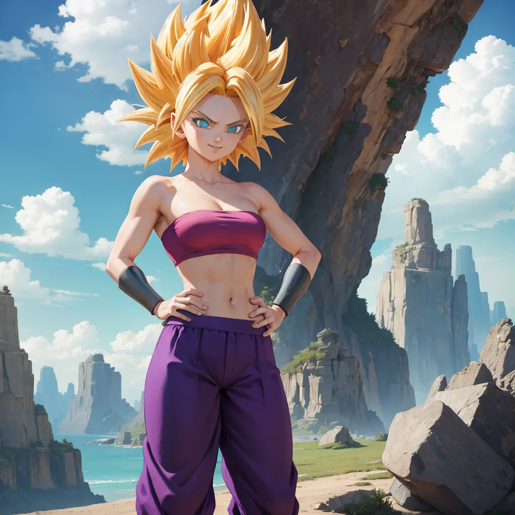 masterpiece, best quality,  ssjcaulifla, blonde hair, aqua eyes, tube top, purple pants, bracers, cowboy shot, looking at viewer...