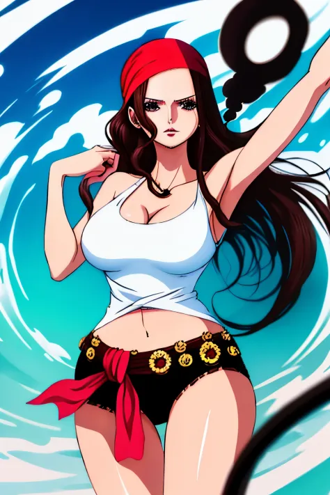 high quality one piece Anime style, full body, Detailed illustration of a beautiful woman, brown long crazy hair tied with a ((RED)) bandana, calm eyes, black eyeliner, smokey eyes makeup, black pirate clothes, full body shot, beautiful hourglass body