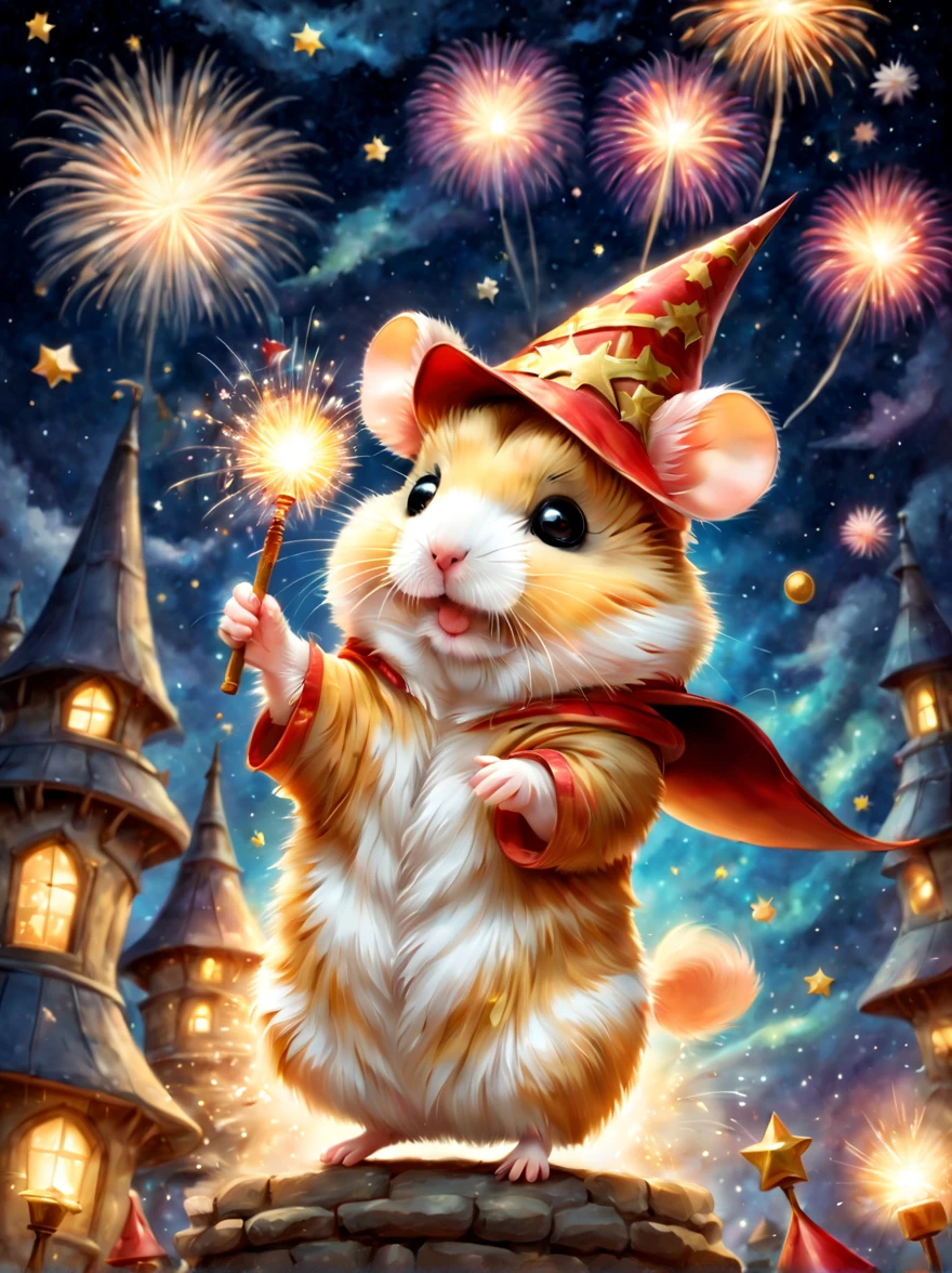 magic hamster party,((Hamster Wizard:great joy:pulling the hands up:Opening Mouth:Dynamic Pose:Wizard Hat)),magic wands,Use of magic,Wizard costume details:colourfull:draw a pattern with gold and silver,celebration,((Lots of fireworks in the night sky:colourfull)),,,Castle balcony,Lots of stars,kirakira,Beautiful light effect,,​masterpiece,top-quality,Fluffy hamsters,Chibi,cute little,A delightful,Happiness,,magical lights,,Fantastical,night sky details,Anatomically correct,All the best,,little hamster,最高にcute littleハムスター，Fantasia,randolph caldecott style,illustratio,watercolor paiting