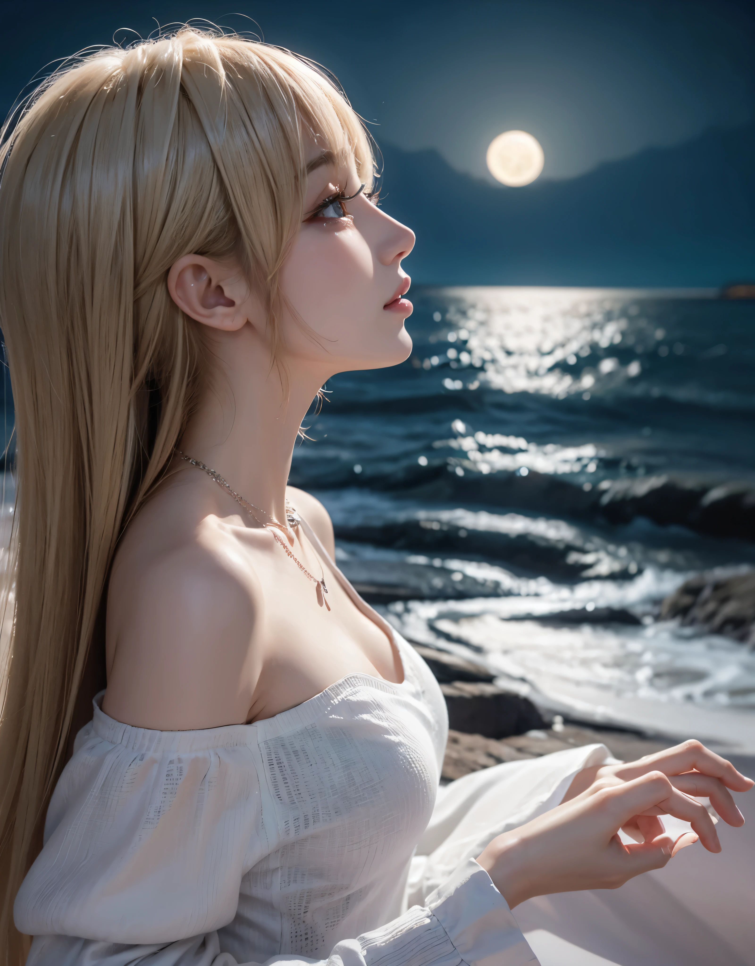 Beautiful eyes and face、An ultra-high picture quality、8K、Smart body、High Style、About 24 years old、Detailed eyes、Detailed skin、Crystal clear white skin、Off shoulder dresiddlebreasts、simple background、((skin whitening))、a necklace、Beautiful collarbone,(((Lonely profile)))、((Coast at night))、((face that seems to cry))、Anxious face、(moonlights)、