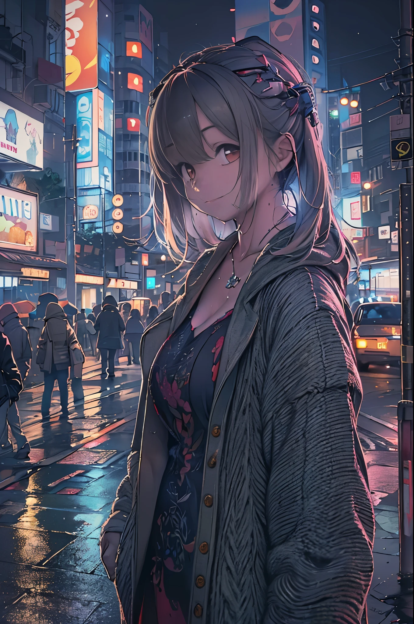 8K, Raw photo, Best Quality, masutepiece:1.2),(Realistic, photo-Realistic:1.37),on tokyo street,Night, Rain, Wet,Cityscape,Night, Cyberpunk City,Soft light,1girl in,, Extremely beautiful face,Bust,put down hands,Random hairstyle,Random hair color,Random expression,pigsney