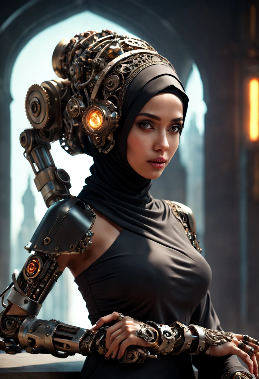 ((best quality)), ((masterpiece)), ((realistic, digital art)), Hyper HD, (hyper detailed), 1 Girl, Off Shoulder, Cinematic Lighting, RAW Photography, (Perfect Body Shape), DonMCyb3rN3cr0XL Beautiful Hijabi Malay woman Techno-witch, octane rendering, raytracing, volumetric lighting, Backlit, Rim Lighting, 8K, HDR, Dynamic Poses, Mechanical Face, Mechanical Arm, Sit on Ledge, Machinery Background, Modest Outfit