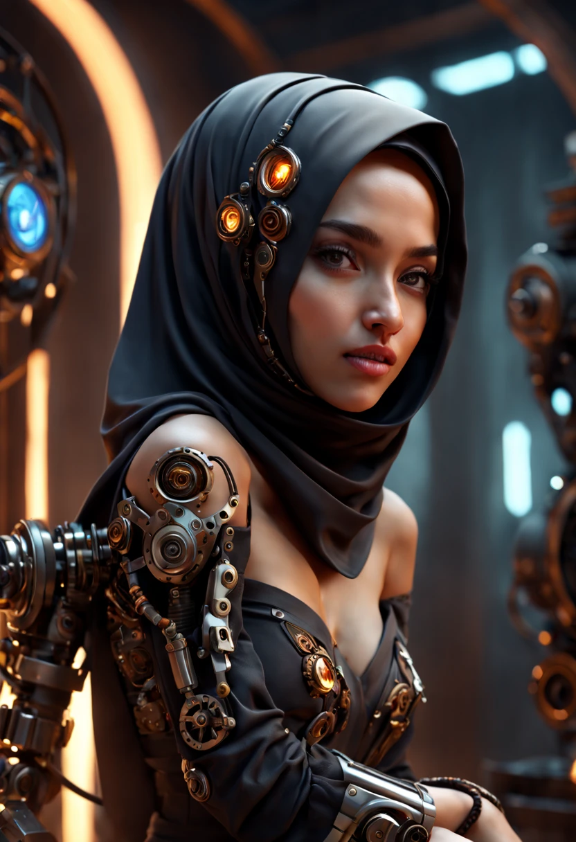 ((best quality)), ((masterpiece)), ((realistic, digital art)), Hyper HD, (hyper detailed), 1 Girl, Off Shoulder, Cinematic Lighting, RAW Photography, (Perfect Body Shape), DonMCyb3rN3cr0XL Beautiful Hijabi Malay woman Techno-witch, octane rendering, raytracing, volumetric lighting, Backlit, Rim Lighting, 8K, HDR, Dynamic Poses, Mechanical Face, Mechanical Arm, Sit on Ledge, Machinery Background, Modest Outfit