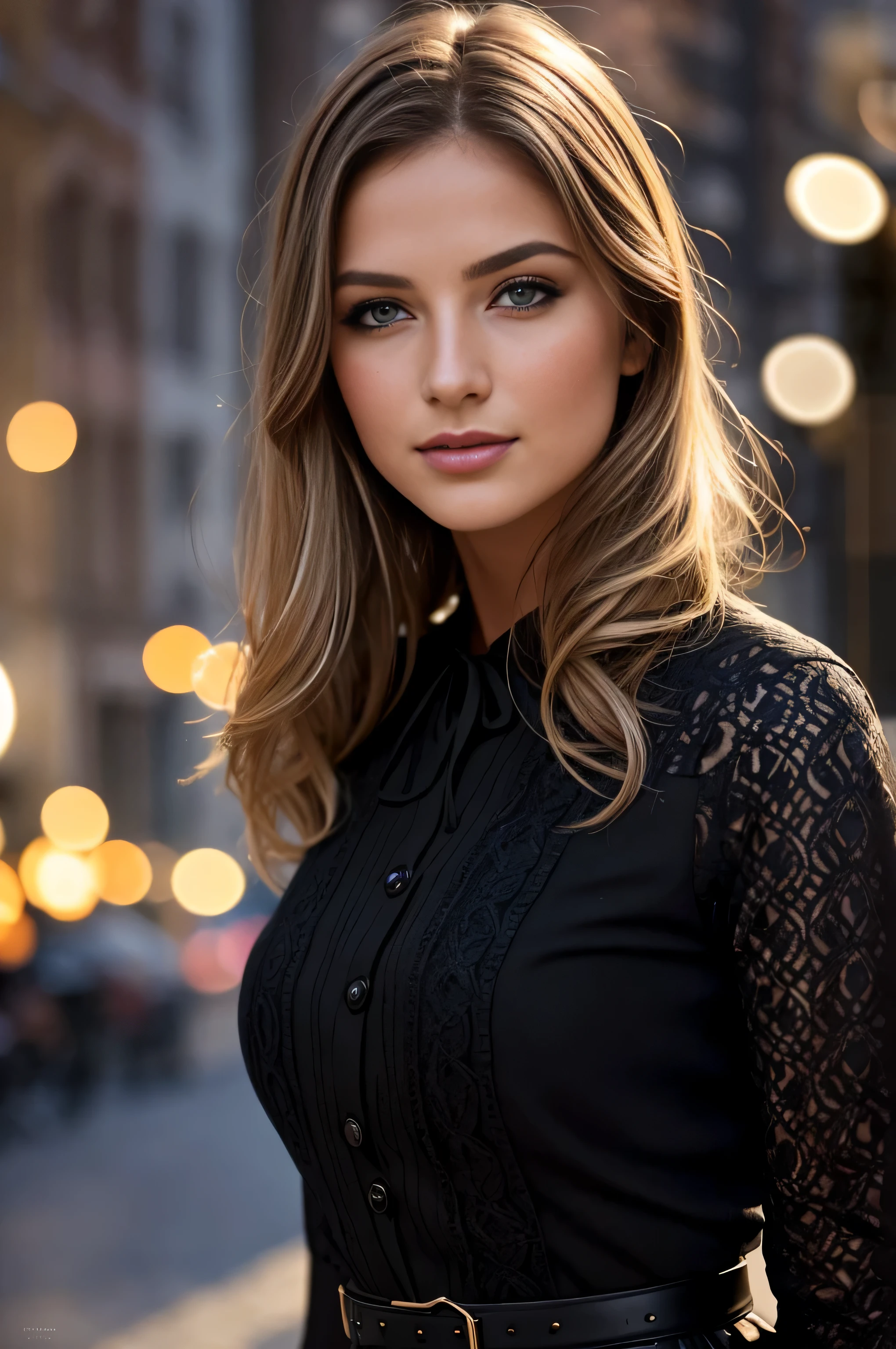 (keen focus:1.2), photoshot, attractive young KariSweets, Lovely face:1.1), Detailed, dark brown eyes, luscious lips, (cat eye makeup:0.85), (smil:1.2), wearing (gown:1.2) on a (Street by day, in the middle of the city:1.2). (atmospheric lighting:1.2), Depth of field, bokeh, 4K, HDR. by (James C. Christensen:1.2|Jeremy Lipking:1.1).