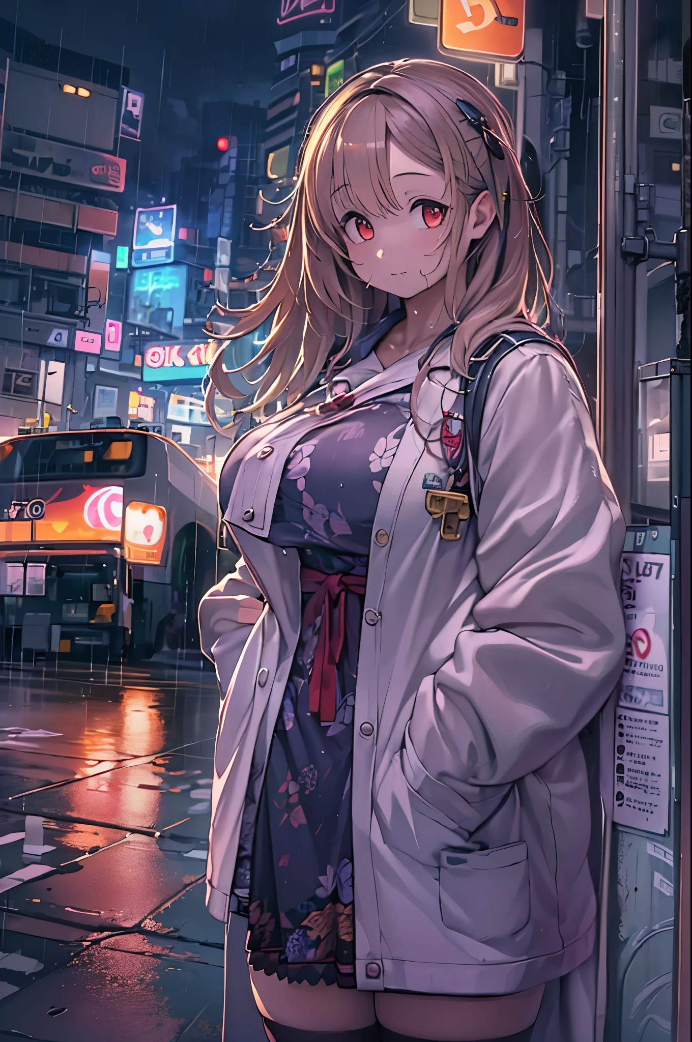 8K, Raw photo, Best Quality, masutepiece:1.2),(Realistic, photo-Realistic:1.37),on tokyo street,Night, Rain, Wet,Cityscape,Night, Cyberpunk City,Soft light,1girl in,, Extremely beautiful face,Bust,put down hands,Random hairstyle,Random hair color,Random expression,pigsney