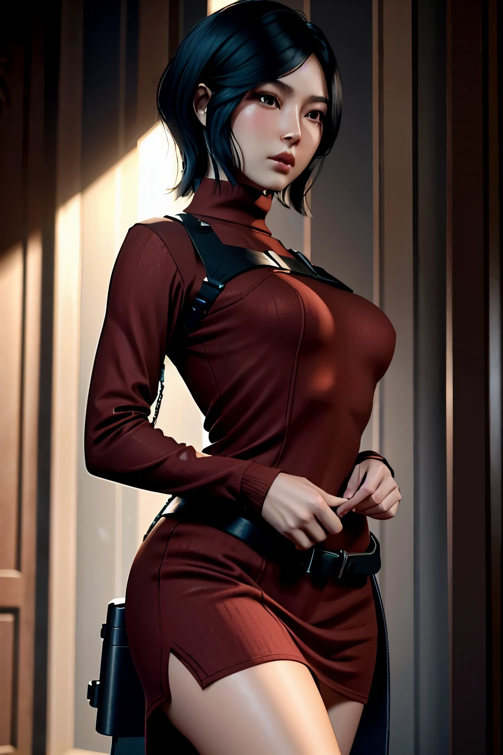 1girl, cowboy shot of beautiful ada, looking at viewer, red dress, black hair, blush, short hair, athletic night, volumetric lighting, best quality, masterpiece, intricate details, tone mapping, sharp focus, hyper-detailed, trending on Artstation, ada, realistic