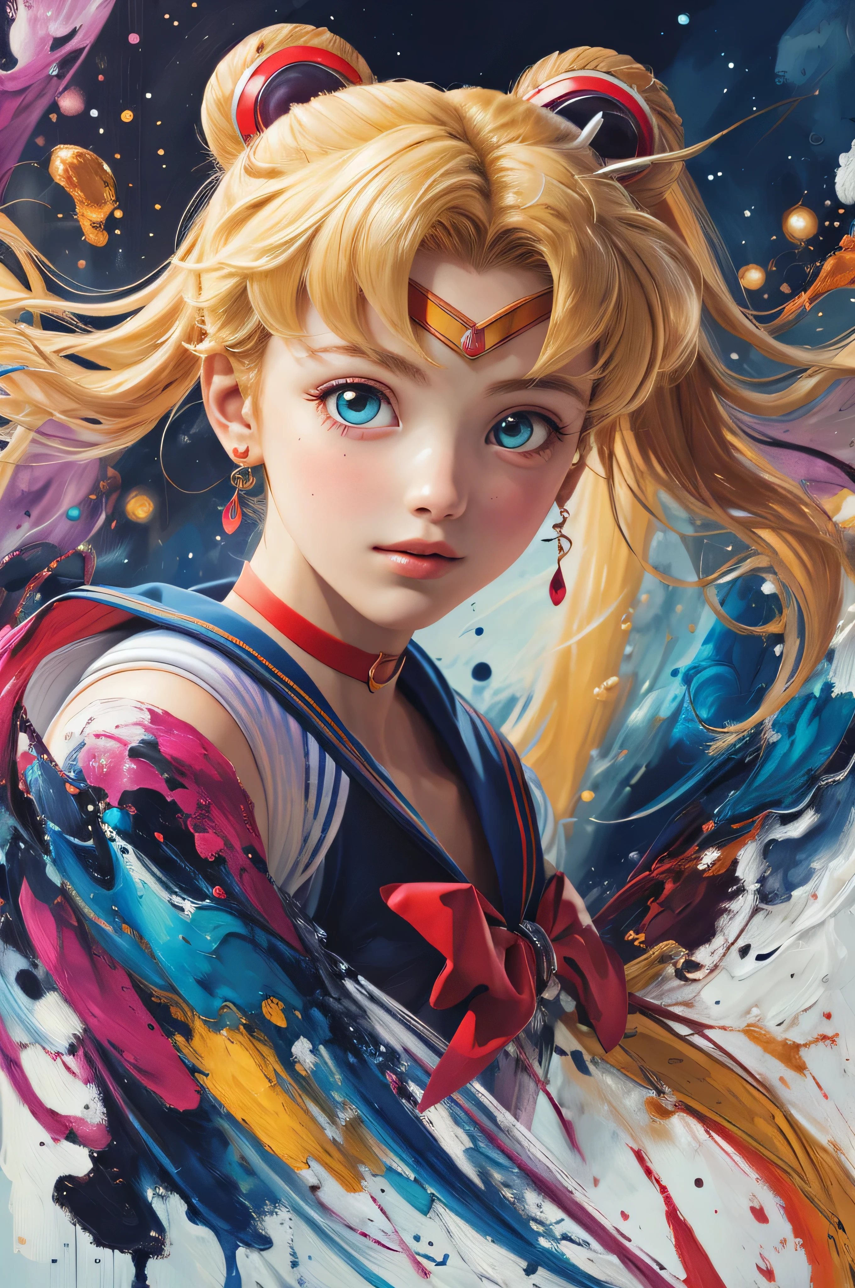 masterpiece, best quality, ultra high res, (abstract art:1.4), portrait, 1girl, flying hair, hair ornament, blonde hair,  open closed, sailor moon,