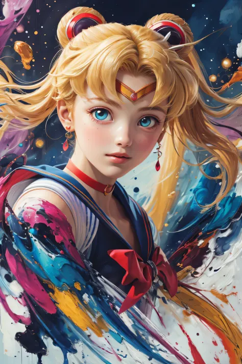 masterpiece, best quality, ultra high res, (abstract art:1.4), portrait, 1girl, flying hair, hair ornament, blonde hair,  open closed, sailor moon,