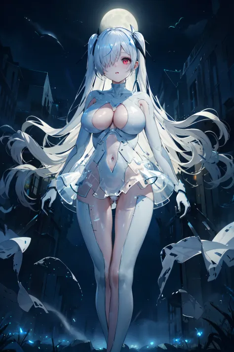 masterpiece, best quality, anachirox, twintails, very long hair, white bodysuit, see-through, cleavage cutout, white hair, expressionless, hair over one eye, soft particles, mist, ashes, dark, backlighting, night sky, floating, full body, solo, hair orname...