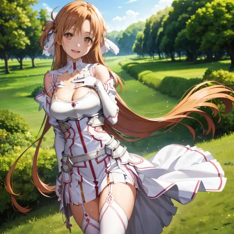 stacia, asuna, asuna_\(sao\), 1girl, (sexy pose:1.2), fantasy, highres,  original, realistic, expressive eyes, (excite), scenery,  close_up, upper_body, (standing on a grass), smiling, solo,  long hair, , looking at viewer, smile, open mouth, bangs ,detail...
