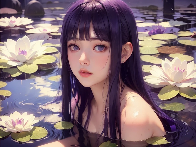 uma mulher com cabelo roxo e olhos roxos em um lago de água, lindo retrato de anime, lindo estilo de anime, olhos roxos e vestido branco, jovem anime realista, estilo de arte anime realista, linda garota de anime, obras de arte no estilo de guweiz, garota de anime na vida real, Lindo rosto de anime, anime fotorrealista, lindo estilo de arte de anime, pele pálida e olhos roxos