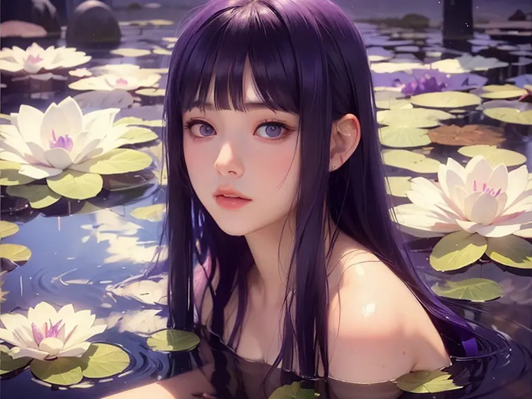 a woman with purple hair and purple eyes in a pond of water, beautiful anime portrait, beautiful anime style, purple eyes and wh...